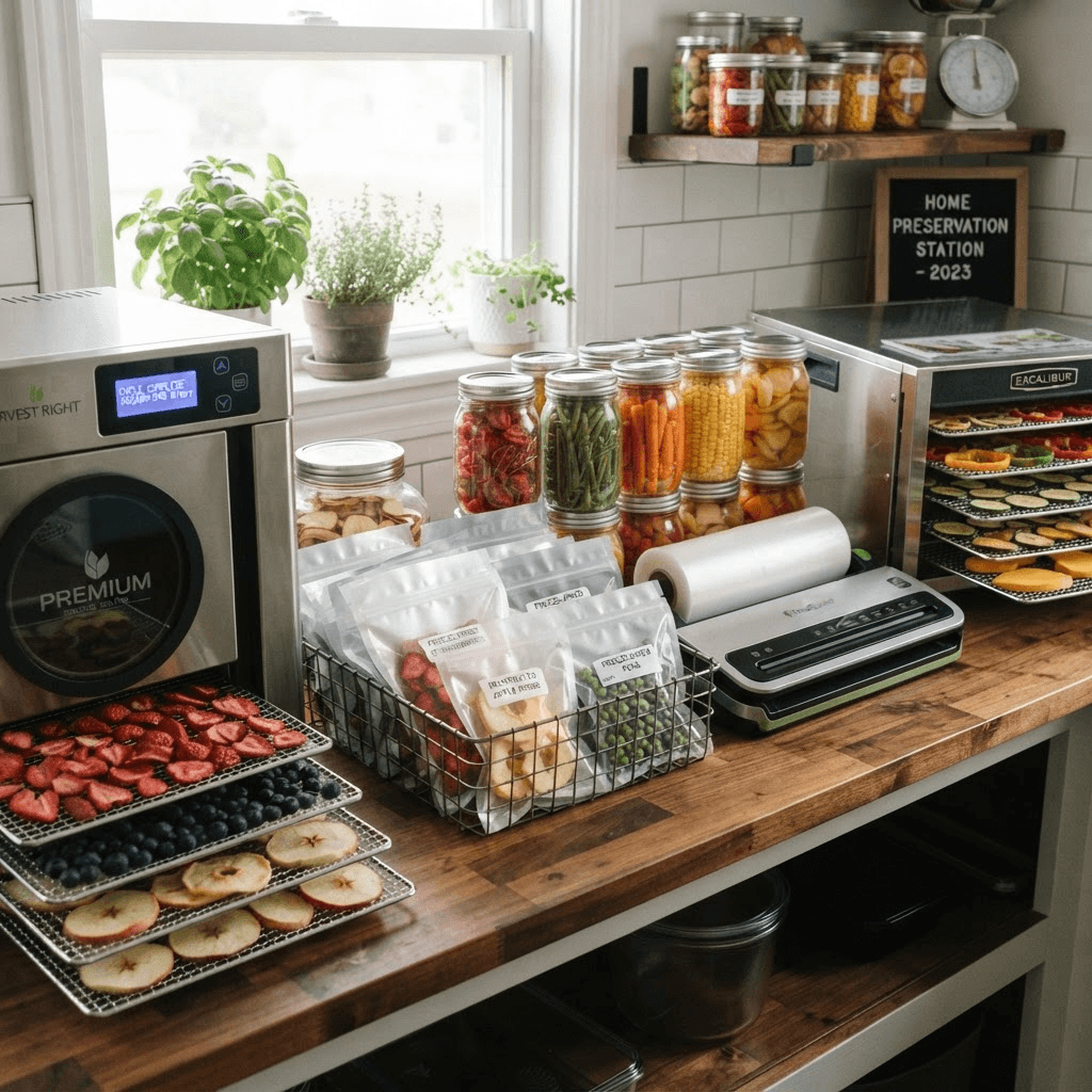 Freeze-dryer, dehydrator, and vacuum-sealed shelf-stable preserved foods
