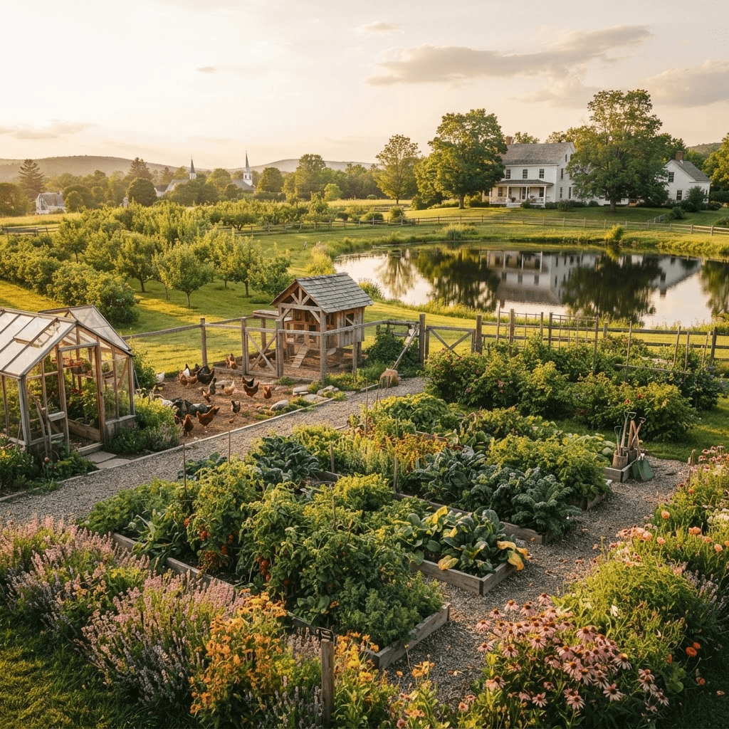The Farm-to-Future regenerative demonstration farmette at golden hour, with vegetable gardens, a greenhouse, chickens, an orchard, and a pond
