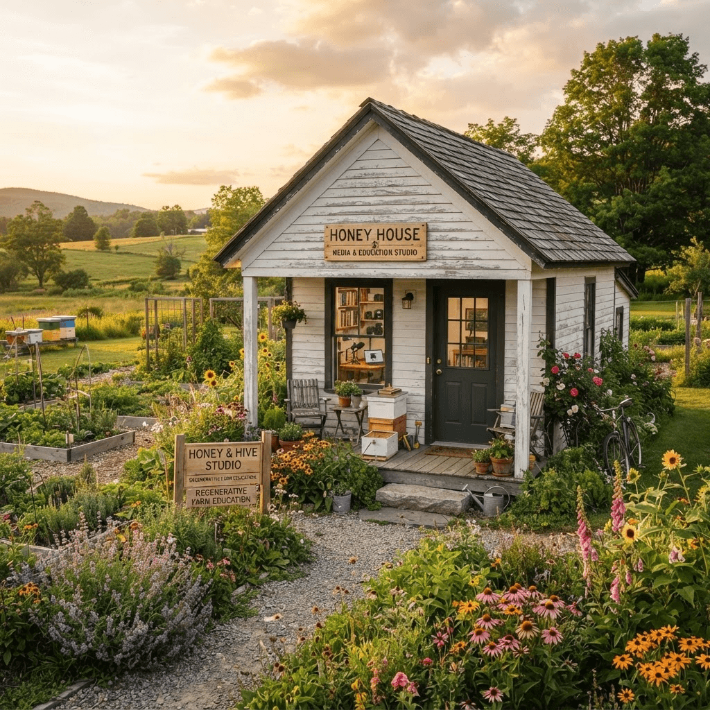 The historic Honey House on the farmette, repurposed as a media and education studio