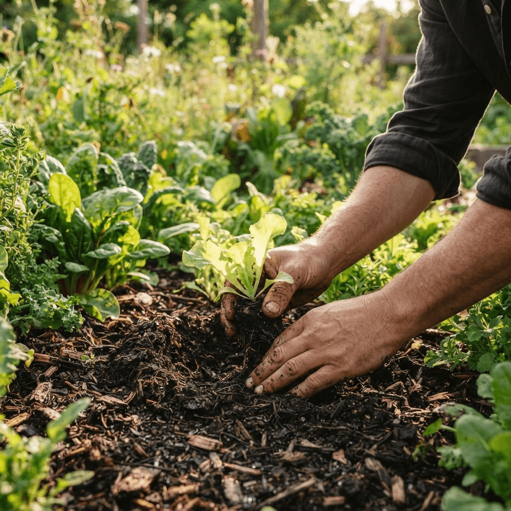 Hands planting seedlings in rich soil