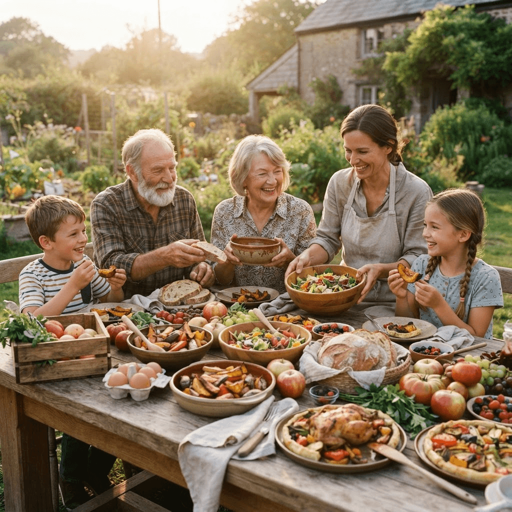 A table of fresh harvest shared by a family