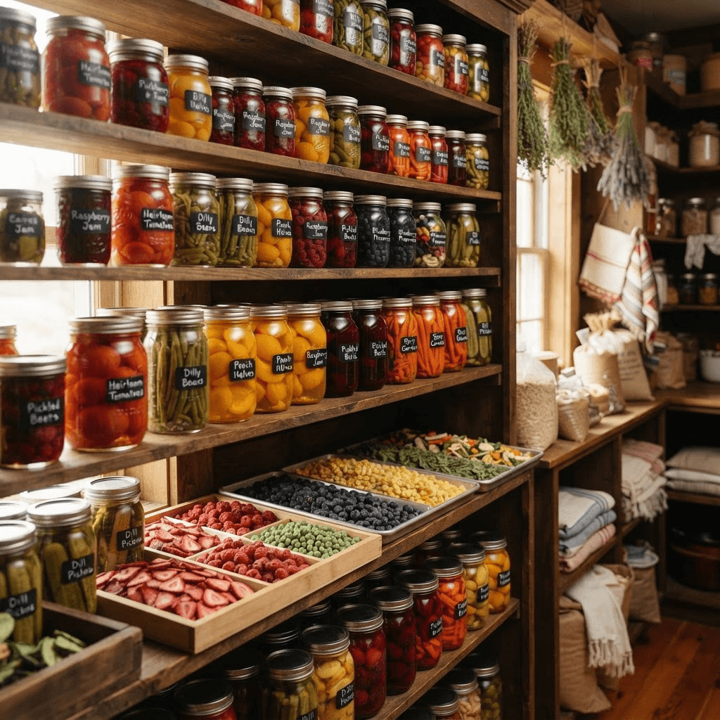 Jars and trays of preserved and freeze-dried produce