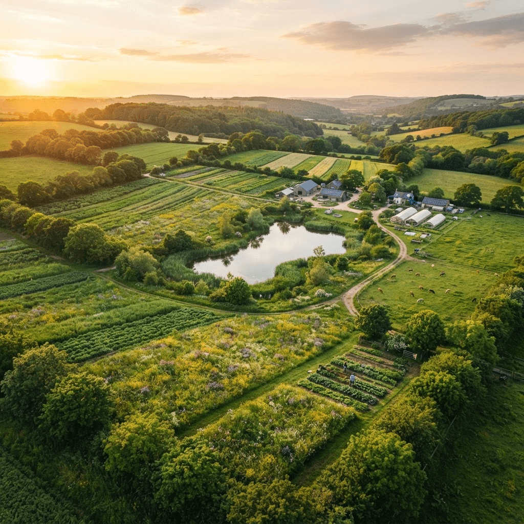 A thriving regenerative farm landscape at golden hour