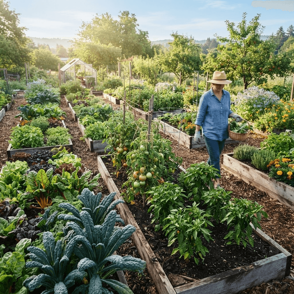 Raised-bed vegetable gardens with rows of leafy greens and vegetables